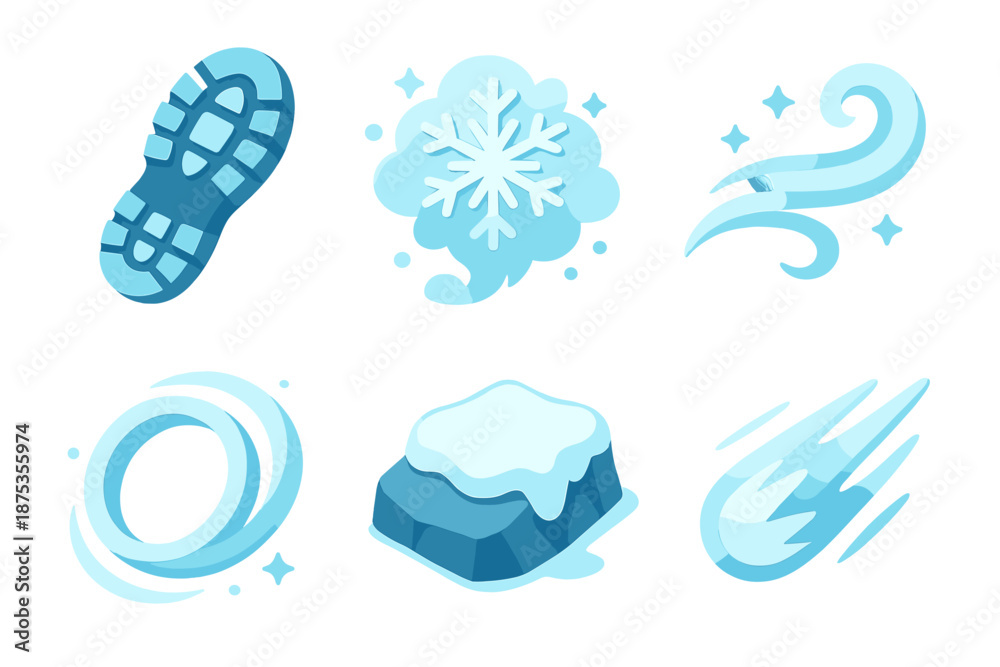 Naklejka premium Arctic Motion Icons. Snowrun Arctic Motion set in isometric flat vector : running boot print, snow burst, icy gust swirl, cold momentum ring, frosted path stone, swift freeze mark
