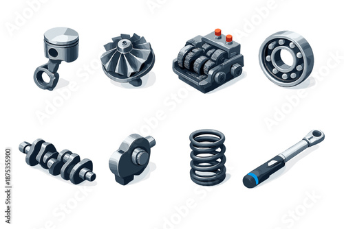 Isometric Mechanical Icons. Mechanical engineering set in isometric flat vector : piston, turbine wheel, gearbox, bearing, crankshaft, cam profile, spring coil, torque wrench