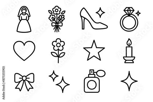 Bride Icon Collection. Wedding Brideset in outline vector style wedding dress, veil, bouquet, high heel, ring, perfume, heart, flower, star, candle, ribbon, sparkle