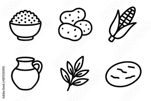 Andean Cuisine Icons. Andean Cooking staples set in outline vector style: quinoa bowl, potato trio, corn ear, clay pot, herb sprig, hot stone