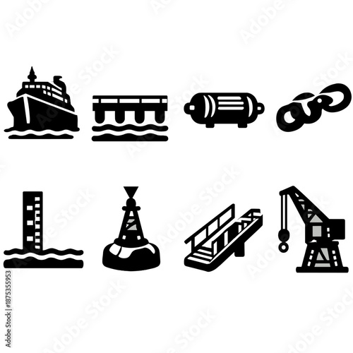 Bold Maritime Icons. Maritime docking icon set in silhouette bold style. Contain ship silhouette, pier, fender, anchor chain, tide gauge, buoy marker, gangway, crane