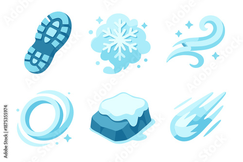 Arctic Motion Icons. Snowrun Arctic Motion set in isometric flat vector : running boot print, snow burst, icy gust swirl, cold momentum ring, frosted path stone, swift freeze mark