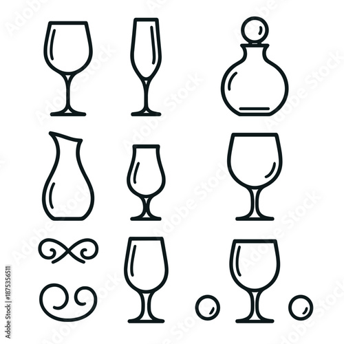 Elegant Glassware Icons Display. Elegant glassware set set in outline vector style : stemmed glass, tapered flute, orb decanter, curved carafe, tasting glass, water goblet, swirl motif, rim shine dot
