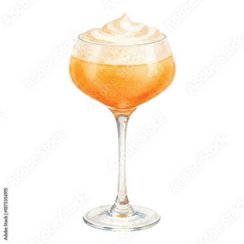 Golden Dream Cocktail Watercolor Illustration, Creamy Orange Liqueur Drink, Hand Painted Vector Isolated on White
