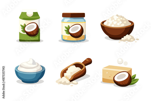 Coconut Products Icons. Coconut products vector set in modern flat style : coconut milk carton, coconut oil jar, shredded coconut, coconut cream bowl, coconut flour scoop, soap bar