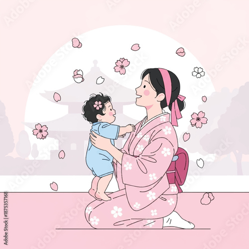Asian mother holding little baby girl.