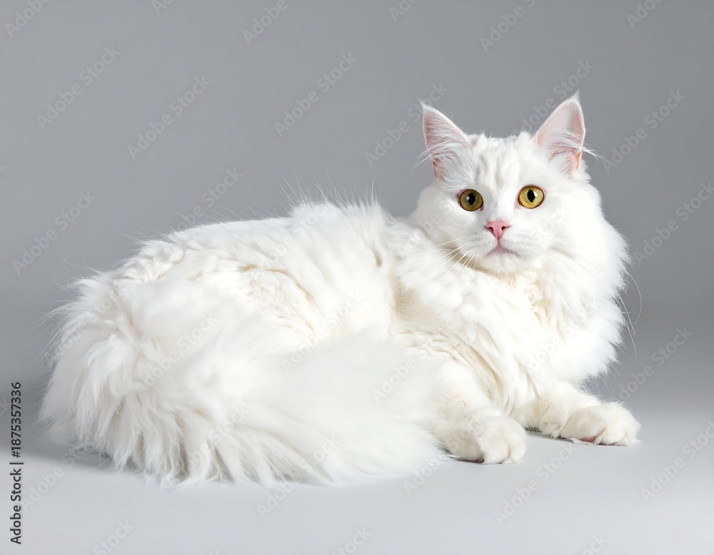 Fototapeta premium Fluffy white feline, lying down, looking at the viewer