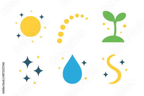 Vibrant Minimalist Icons. Creation Start vector set in modern flat style : luminous mote, forming arc, early stem, gentle shimmer, origin droplet, shaped curve