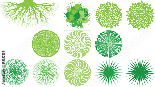 Green Tree Top View and Root System Vector Set with Abstract Circular Botanical Foliage Elements for Landscape Plans, Maps, and Eco Designs