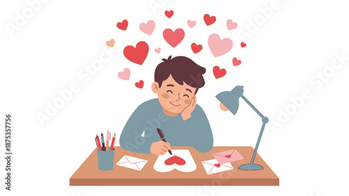 Happy Young Man Writing a Love Letter Surrounded by Floating Hearts. Vector Illustration for Valentine's Day, Romance, and Affection Concepts.