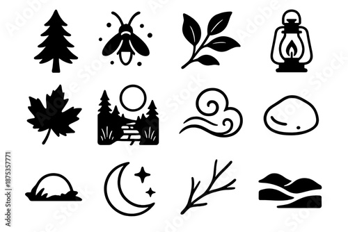 Moonlit Forest Silhouettes. Forest nightfall set set in outline vector style : pine silhouette, firefly glow, branch shape, camp lantern, leaf shadow, moonlit path tile, mist swirl, small stone