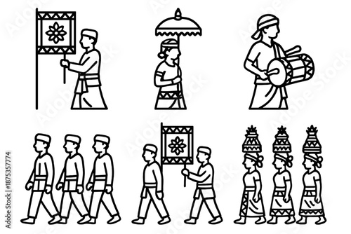 Traditional Cultural Procession. Cultural processionset in outline vector style traditional costumes, ceremonial flag, rhythmic drums, procession line, symbolic ornaments, heritage patterns