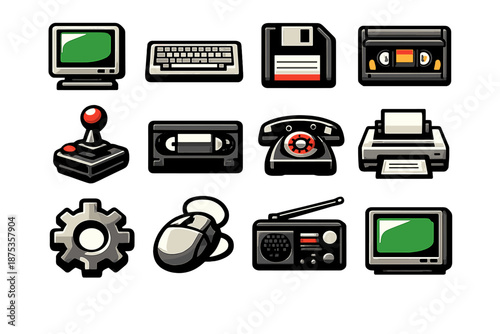 Retro Tech Icons. Old-School Tech icon set in silhouette bold style. Contain computer monitor, keyboard, floppy disk, cassette, joystick, VHS tape, telephone, printer, gear, mouse, radio, screen