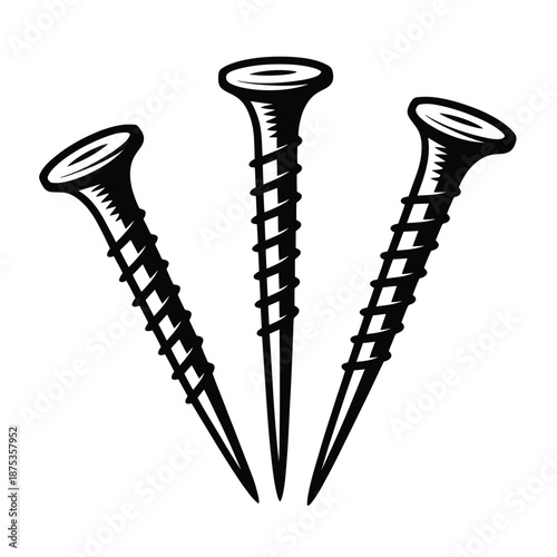 three black screws with pointed tips and ridged bodies