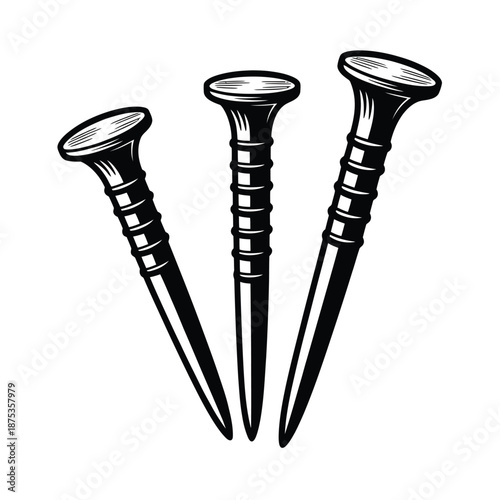 three black nails with ridged shafts and flat heads