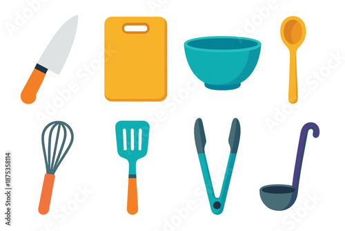 Modern Kitchen Essentials. Co-cook Kitchen Tools vector set in modern flat style : chef knife, cutting board, mixing bowl, wooden spoon, whisk, spatula, tongs, ladle