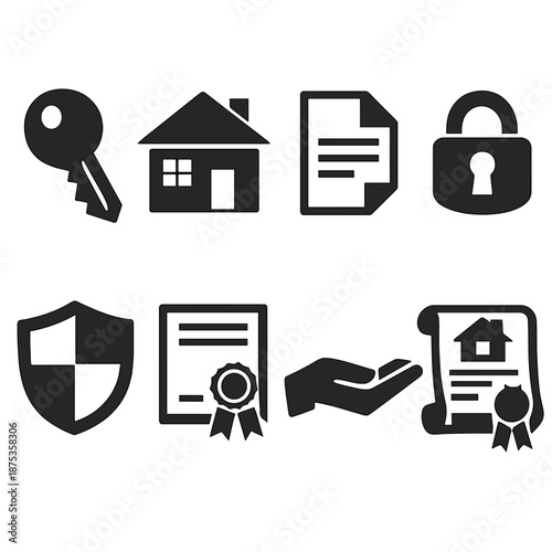 Ownership Icon Set. Ownership icon set in silhouette bold style. Contain key, house, document, lock, shield, certificate, hand holding, title deed