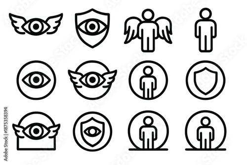 Symbolic Guardian Icons. Watchful Guardianship set in outline vector style : vigilant eye mark, protective wings, secure boundary line, steady stance figure, circled emblem, safeguarding arc -