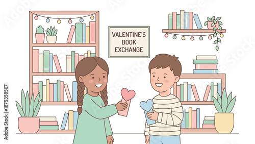 Happy Children at Valentine's Day Book Exchange Event Illustration. School Kids Trading Heart Cards in Library.