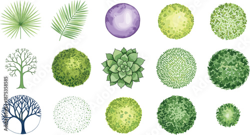 Green Tree, Bush, and Leaf Top View Vector Set with Botanical Foliage Elements for Landscape Plans, Maps, Games, and Nature Designs