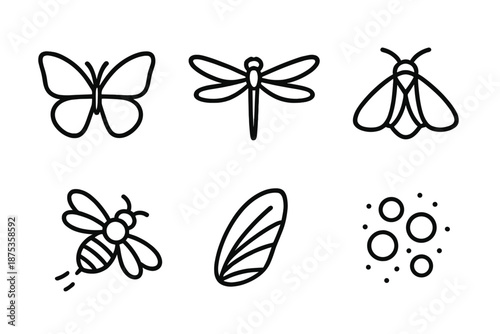 Aerial Insect Icons. Aerial Species insects set in outline vector style: butterfly, dragonfly, moth, bee in flight, beetle wing, floating pollen