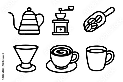 Artisanal Coffee Icons. Café Mood artisanal set in outline vector style: hand-pour kettle, grinder, bean scoop, dripper cone, crema swirl, crafted cup
