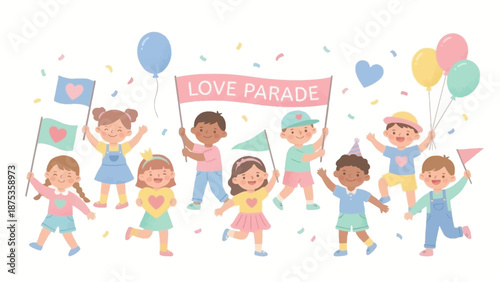 Happy Multicultural Children Parade Illustration. Diverse Group of Kids Celebrating Love, Friendship, and Community Event with Flags and Balloons.