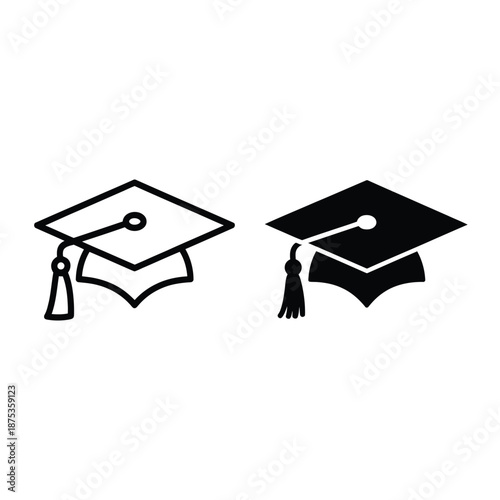 Graduation caps in black and white line art style