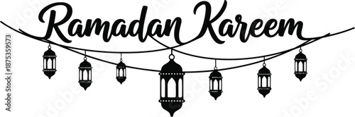 Ramadan Kareem vector with hanging lanterns, festive Islamic black and white design