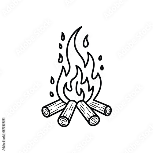 a black and white drawing of a campfire with flames and embers