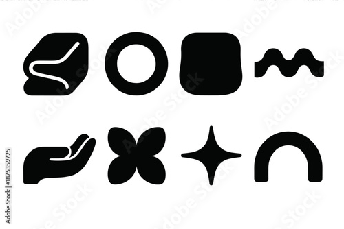 Brutalist Cozy Icons. Comfort Ease icon set in silhouette bold style. Contain cozy fold shape, warm aura ring, soft cushion curve, mellow wave, gentle hold icon