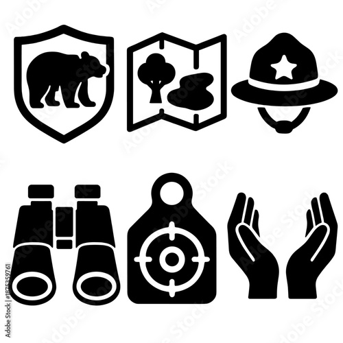 Wildlife Conservation Icons. Wildlife conservation icon set in silhouette bold style. Contain protected animal, habitat map, ranger hat, binoculars, tracking tag, care hands