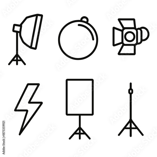 Lighting Equipment Icons. Photographer lighting set in outline vector style: softbox, reflector disc, spotlight beam, flash icon, diffuser panel, light stand