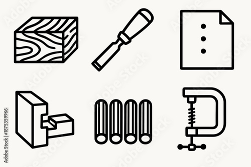 Woodworking Tools Icons. Carpenter woodworking set in outline vector style: wood grain block, carving knife, sanding sheet, joint piece, dowel set, clamp
