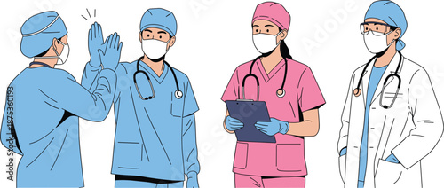 Healthcare professionals teamwork illustration, doctors and nurses wearing masks scrubs collaborating medical staff concept isolated on white background flat vector modern design