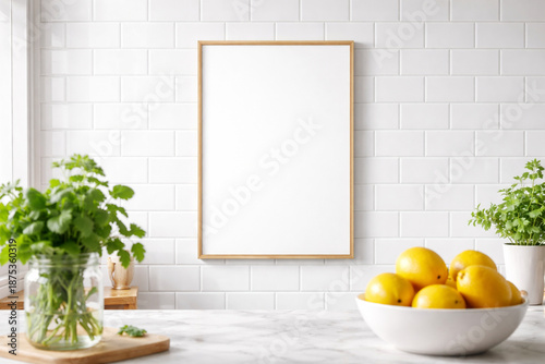 Blank vertical poster frame mockup hanging on white subway tile wall in modern kitchen with blurred herbs and lemons on marble counter