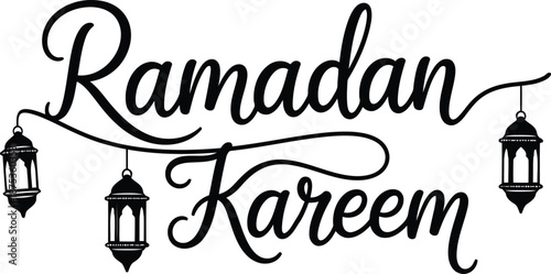 Ramadan Kareem vector calligraphy with lanterns, black and white festive illustration