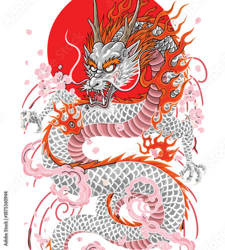 Japanese dragon vector illustration with red sun and cherry blossoms, traditional oriental mythological creature, asian art style, tattoo design, isolated white background.
