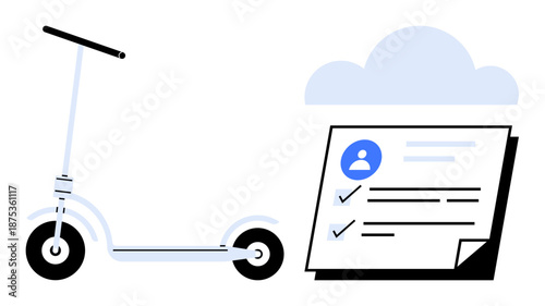 Electric scooter and document with checklist under a cloud. Ideal for urban transport, eco-friendly travel, digital contracts, tech solutions, logistics, innovation, modern life. Minimal flat