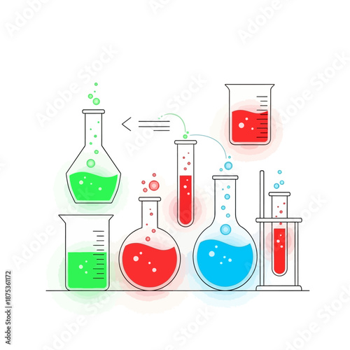 Laboratory glassware with colorful liquids and bubbles, science experiment illustration
