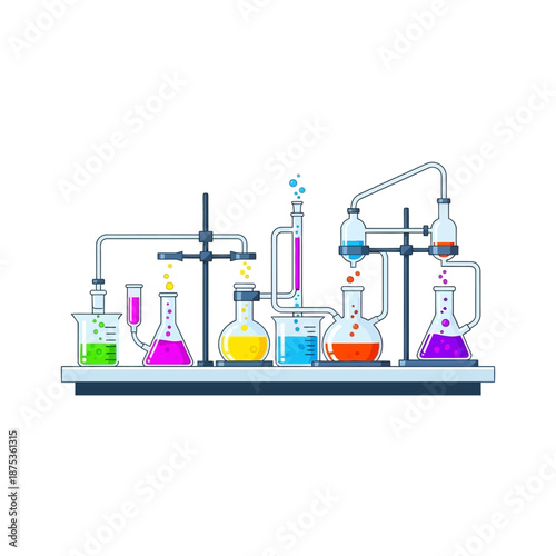 Chemical Laboratory Setup with Colorful Liquids in Glassware