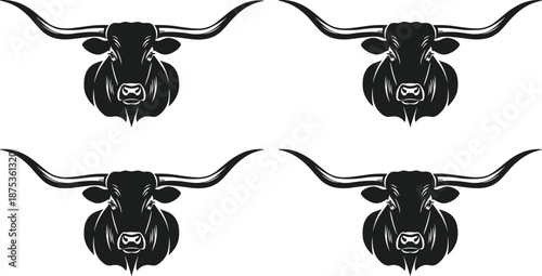 Longhorn bull head silhouette set, Texas steer cattle icons, vintage beef mascot for butchery, ranching, western farm logo, and premium steakhouse branding.