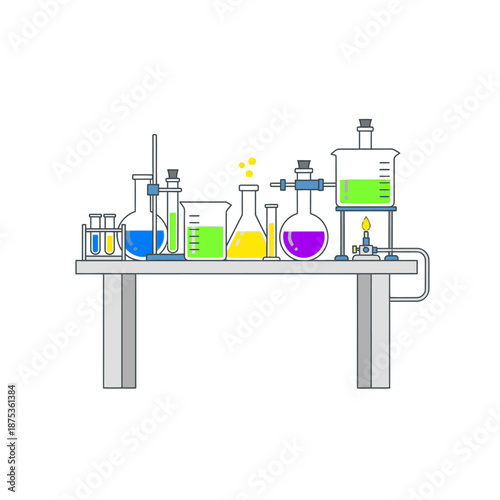 Laboratory bench with colorful chemical liquids in glassware and heating apparatus