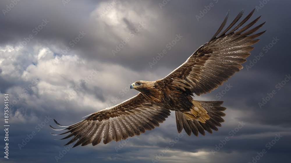 Obraz premium Powerful Eagle with Wings Spread Wide Flying Under an Overcast Sky