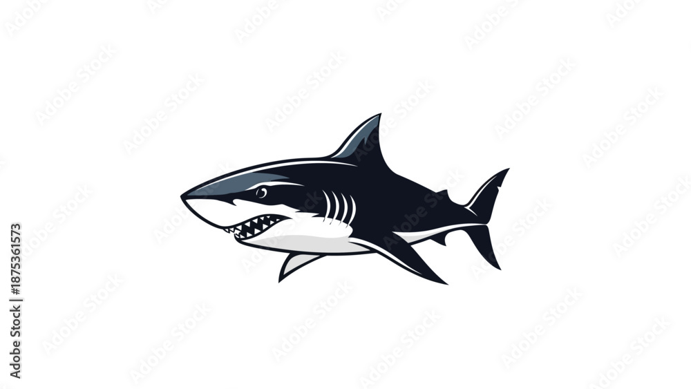 Obraz premium Illustration of a menacing shark with sharp teeth on white.
