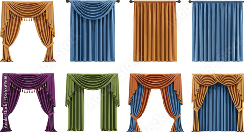Luxury, curtain, set, with, elegant, drapes, classic, valances, window, coverings, in, gold, blue, purple, and, green, colors, for, home, interior, design, illustration.
