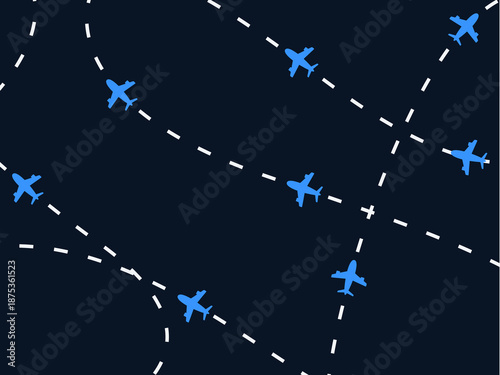 Airplane flight path background. Air travel background design with flight path pattern. Modern airplane travel pattern vector illustration. Flight route vector illustration. Airplane on dashed line