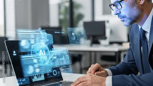 Businessman Instructing AI Agent Analyzing Data on Laptop in Office.