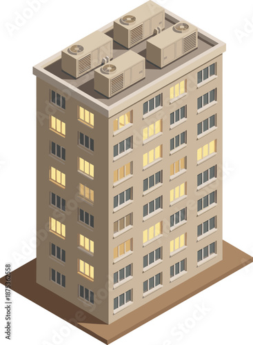 Isometric apartment building illustration with lit windows rooftop air conditioning units modern urban residential architecture isolated design concept night city