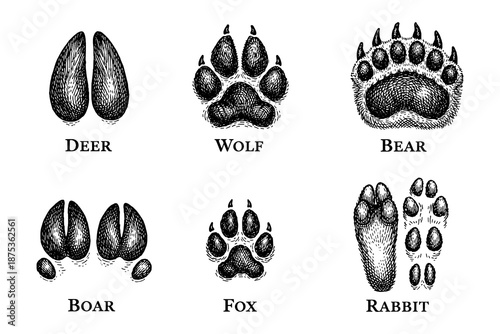 Animal tracks illustration featuring detailed engraved paw prints of deer, wolf, bear, boar, fox, and rabbit